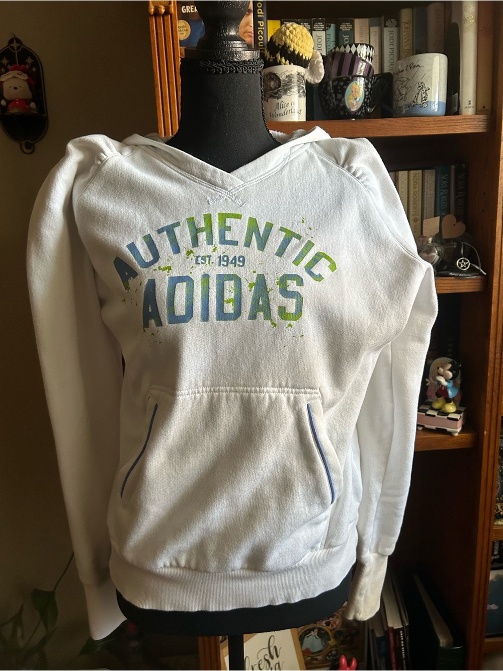 adidas White Crewneck Sweatshirt with Blue and Green Logo